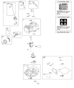 Camshaft, Crankshaft, Cylinder, Gasket Set, Piston/Rings/Connecting Rod, Sump, Warning Label Diagram and Parts List for 9P702-0188-H1  Briggs and Stratton Engine